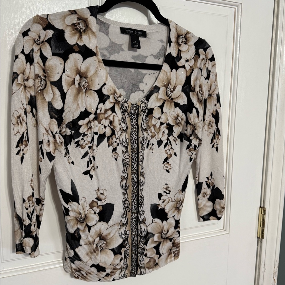 White House Black Market Floral Blouse - Black and Cream